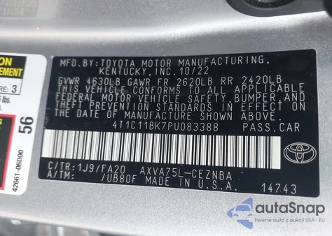 2023 Toyota Camry Le из США, поврежденный, VIN 4T1C11BK7PU083388